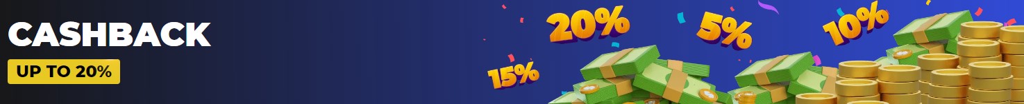 La banner che promuove il programma di cashback fino al 20%, offrendo ai giocatori l'opportunità di recuperare una parte delle loro perdite e fornendo un ulteriore livello di protezione finanziaria.